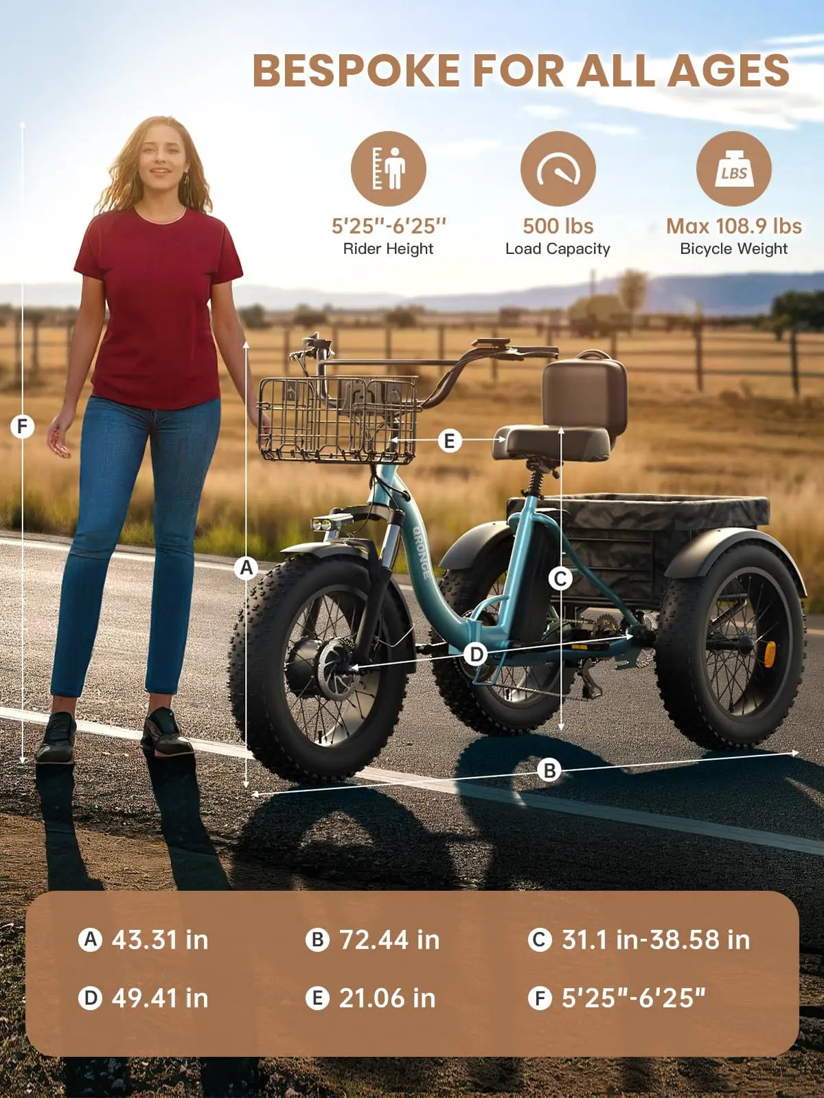 QRONGE Lava Electric Tricycle For Adults 960W Peak 36V 15AH Battery 50 Miles Range With Large Rear Basket Electric Trike
