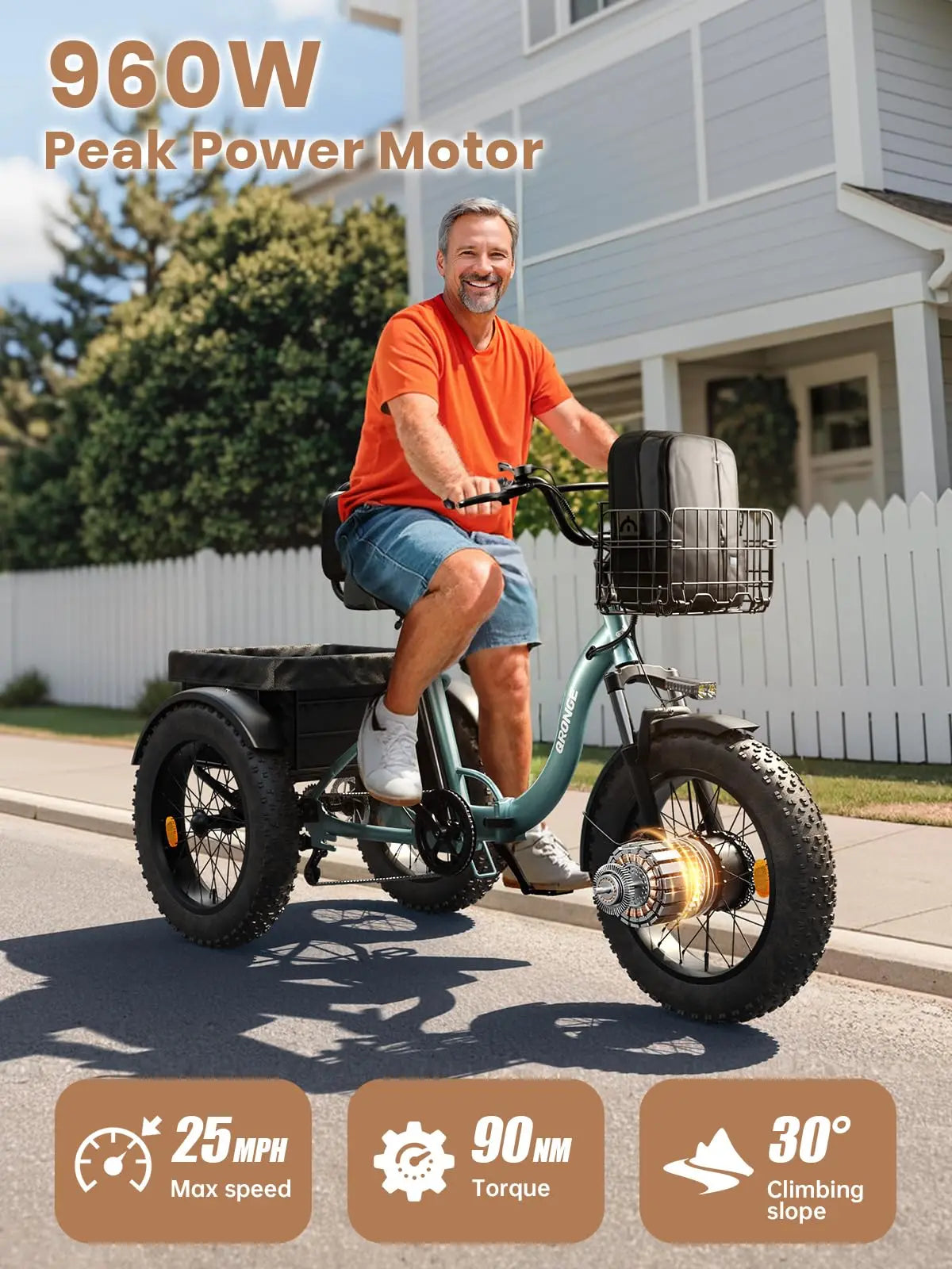 QRONGE Lava Electric Tricycle For Adults 960W Peak 36V 15AH Battery 50 Miles Range With Large Rear Basket Electric Trike