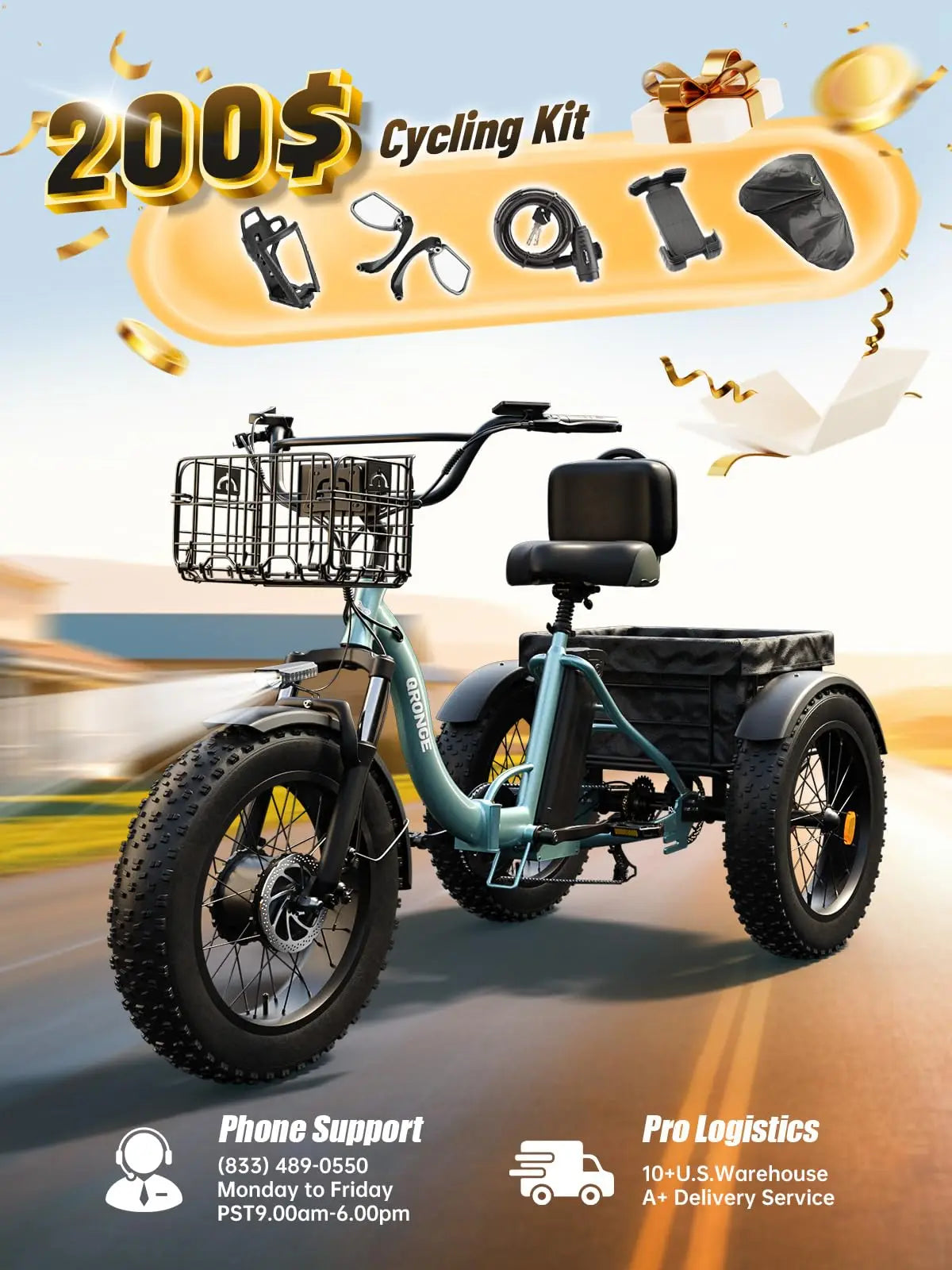 QRONGE Lava Electric Tricycle For Adults 960W Peak 36V 15AH Battery 50 Miles Range With Large Rear Basket Electric Trike