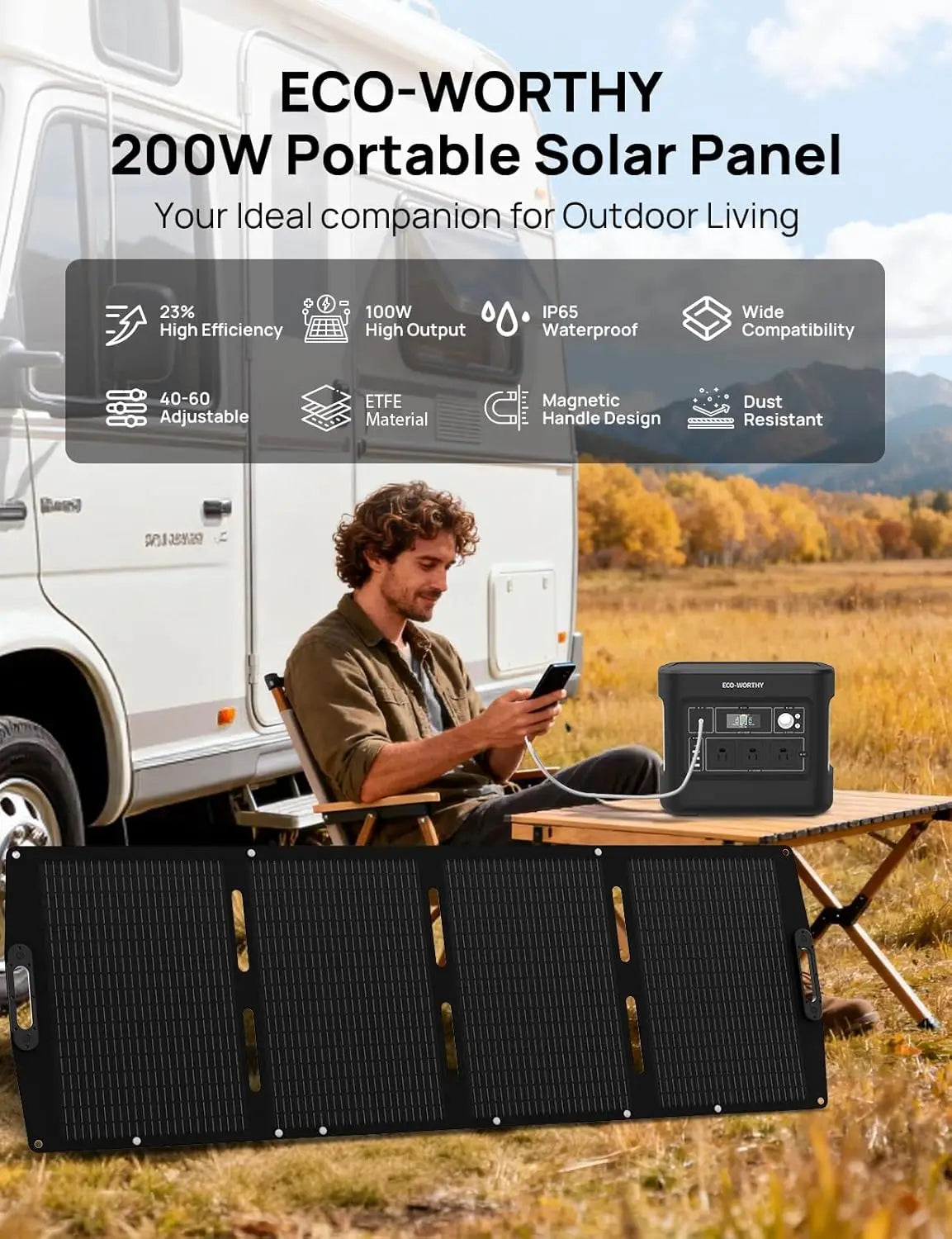 ECO-WORTHY 200W Portable Solar Panel for Power Stations,IP65 Waterproof & Lightweight with Adjustable  Kickstand for Off Grid