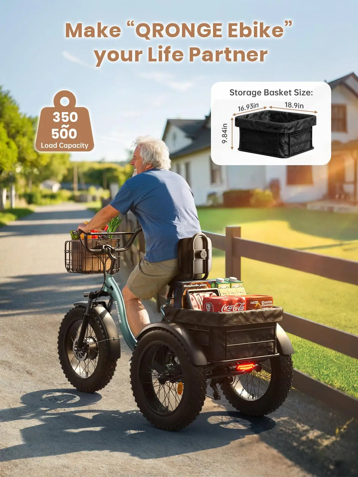 QRONGE Lava Electric Tricycle For Adults 960W Peak 36V 15AH Battery 50 Miles Range With Large Rear Basket Electric Trike