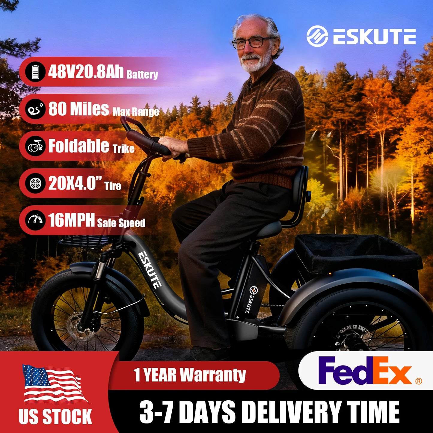 ESKUTE T300 Pro Electric Trike for Adults, 998.4Wh Battery, 1200W Peak Motor, 20"x4.0" Fat Tires, Foldable 3-Wheel E-Bike