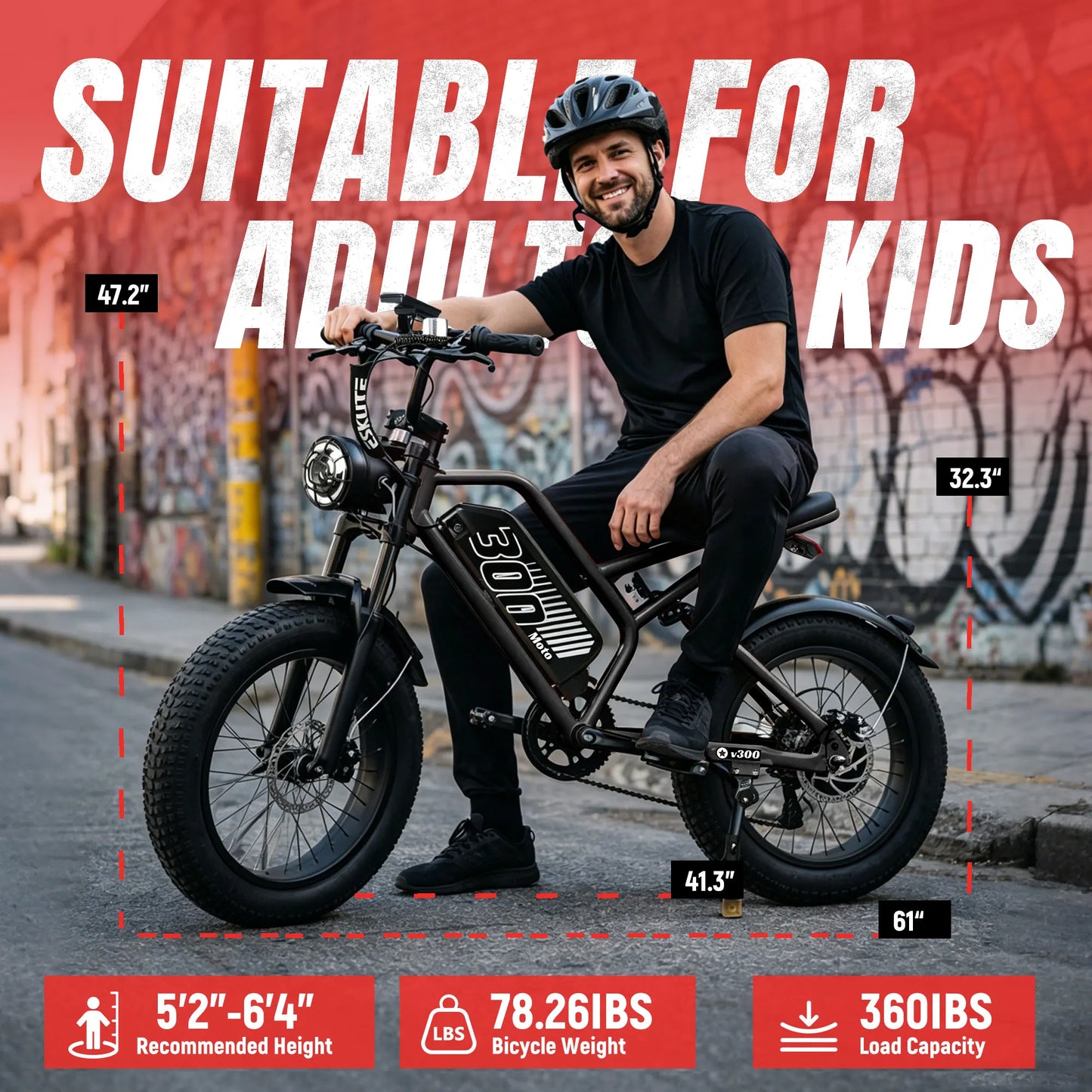 ESKUTE V300 Electric Dirt Bike, 35MPH,52V20.8Ah Battery, 20" x4.0 Fat Tire,1500W, 7-Speed Dual Suspension  Motorcycle, 80 Mil