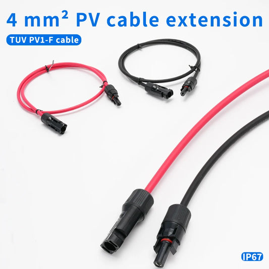 1 Pair of Red and Black Double-Headed Extension Cables with Connectors for Solar Panel Systems, 4mm² Solar Panel Cables, PV Wire