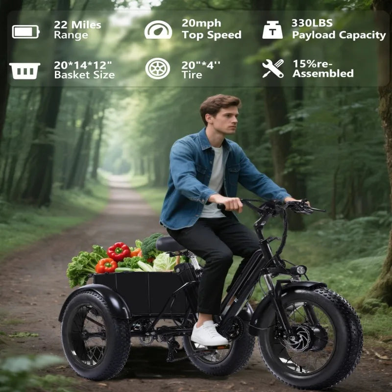 PEAK 1000W Foldable Electric Trike for Adults 50-Mile Range 48V 15AH Removable Battery&7-Speed Gearing 20"X4.1"Fat Tire Tricycle