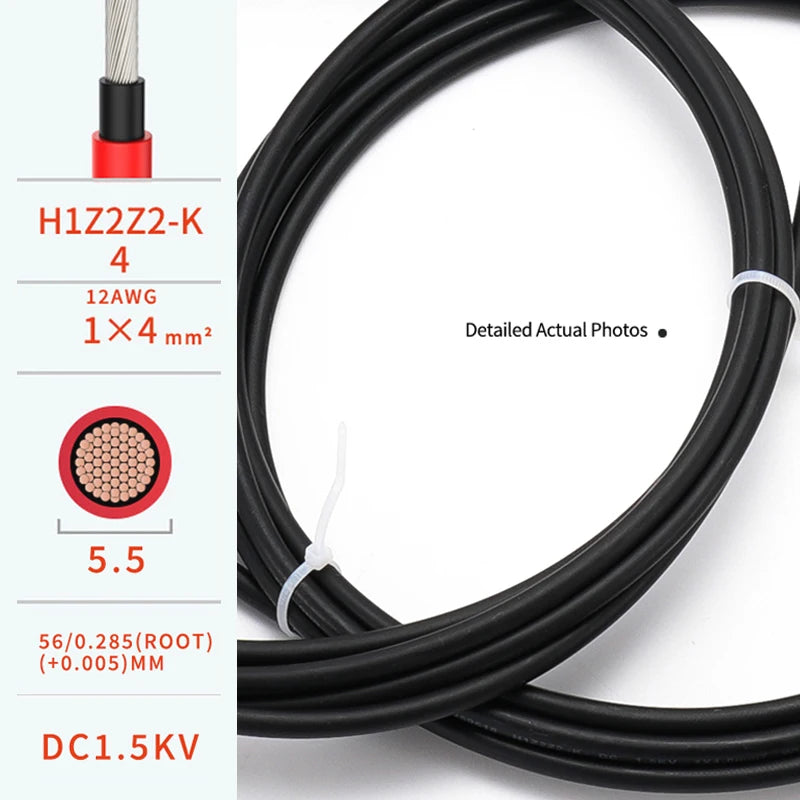 1 Pair of Red and Black Double-Headed Extension Cables with Connectors for Solar Panel Systems, 4mm² Solar Panel Cables, PV Wire