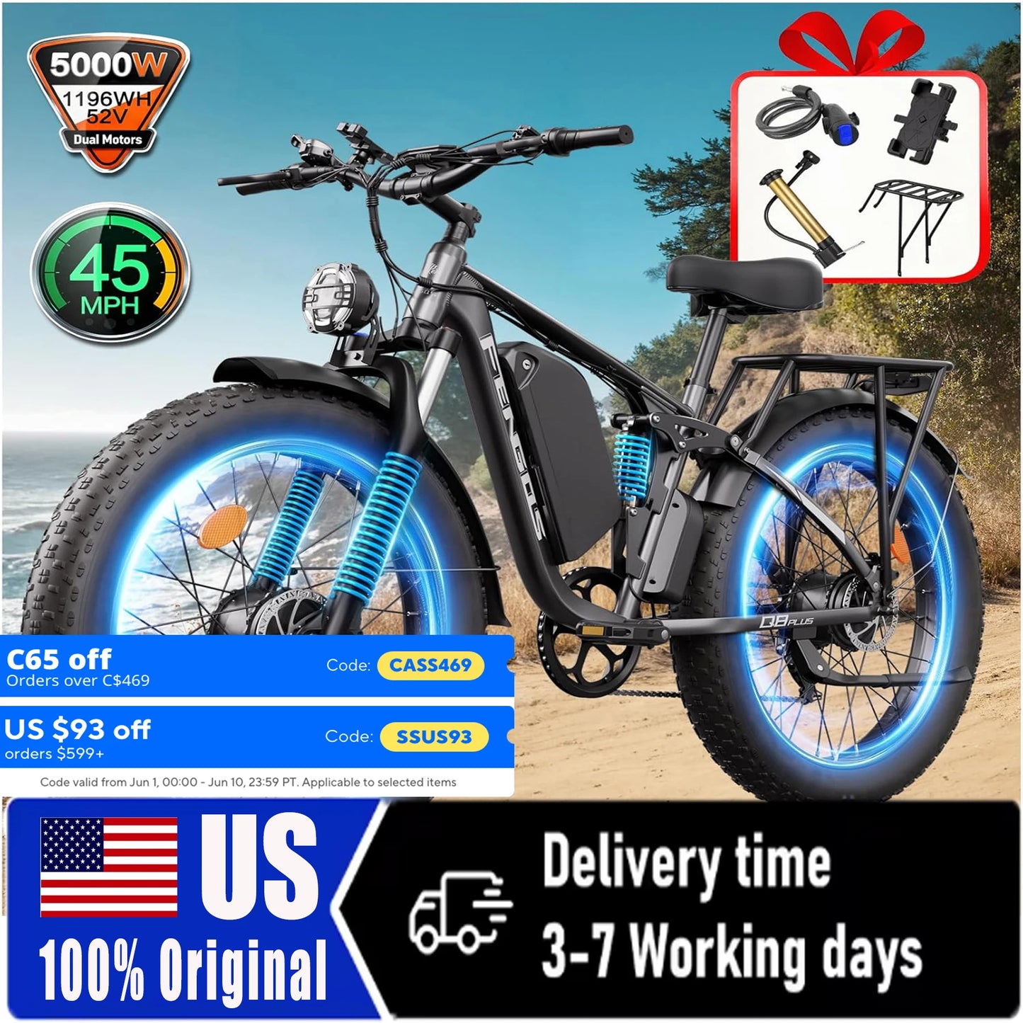 FENGQS Q8PLUS 6000W\5000W dual motor mountain electric vehicle 60V1200WH large battery, 100 kilometer range, hydraulic disc brake with turn signal.Fully shock-absorbing structure