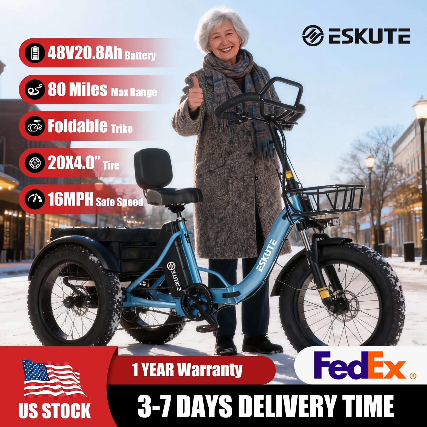 ESKUTE T300 Pro Electric Trike for Adults, 998.4Wh Battery, 1200W Peak Motor, 20"x4.0" Fat Tires, Foldable 3-Wheel E-Bike