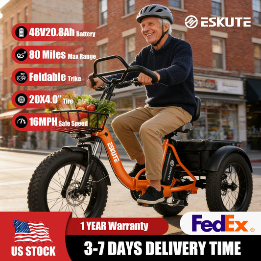 ESKUTE T300 Pro Electric Trike for Adults, 998.4Wh Battery, 1200W Peak Motor, 20"x4.0" Fat Tires, Foldable 3-Wheel E-Bike