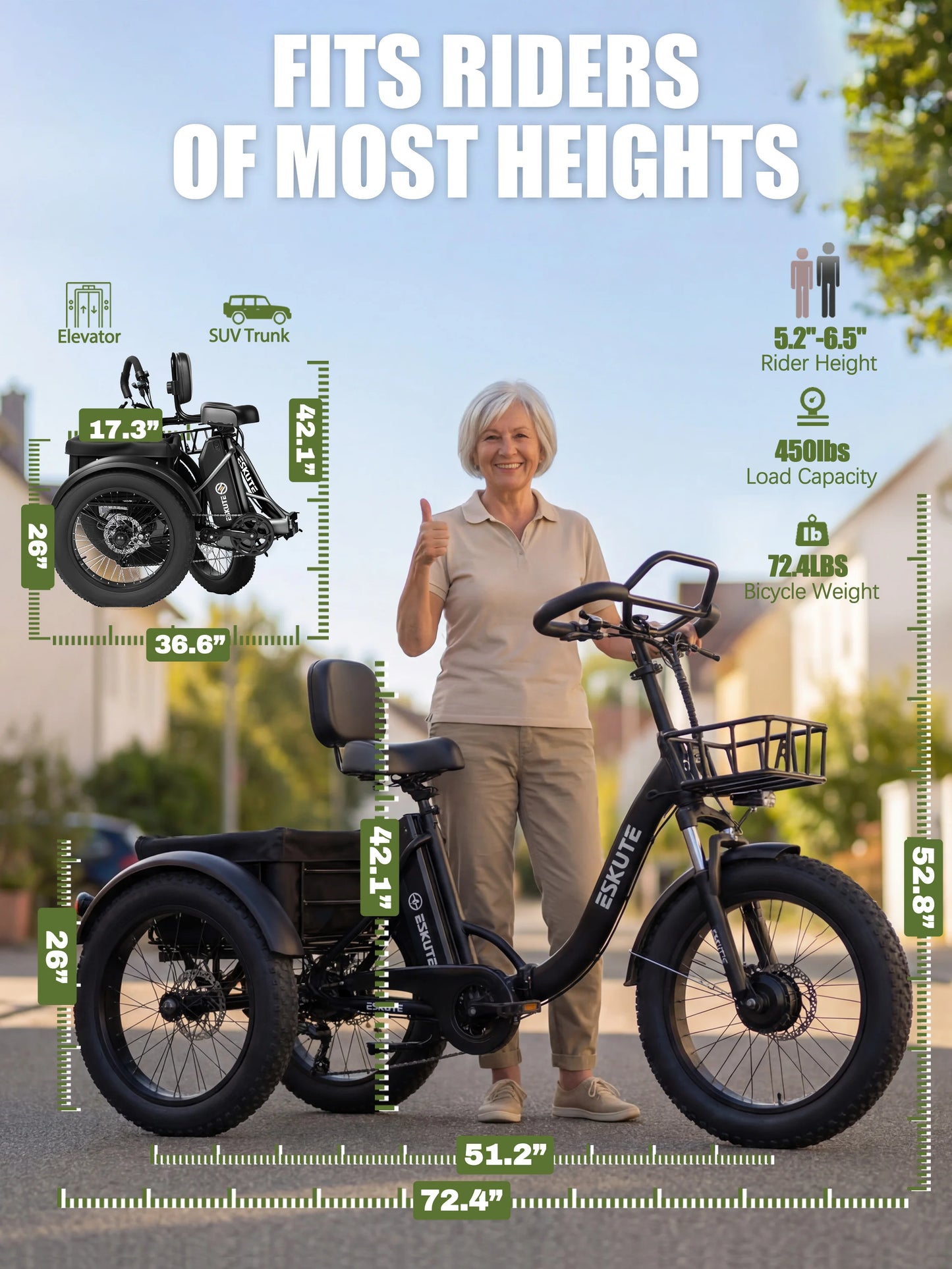 ESKUTE T300 Pro Electric Trike for Adults, 998.4Wh Battery, 1200W Peak Motor, 20"x4.0" Fat Tires, Foldable 3-Wheel E-Bike