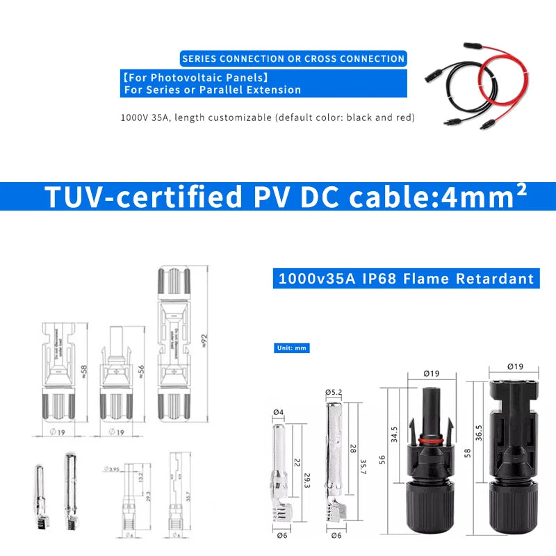 1 Pair of Red and Black Double-Headed Extension Cables with Connectors for Solar Panel Systems, 4mm² Solar Panel Cables, PV Wire