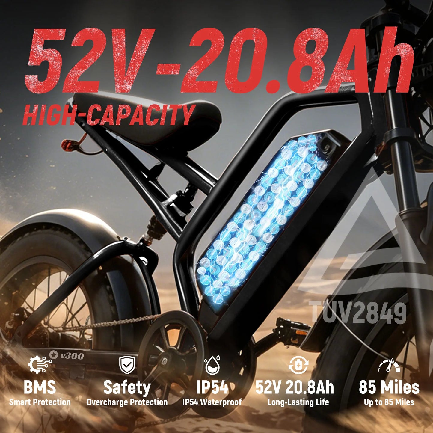 ESKUTE V300 Electric Dirt Bike, 35MPH,52V20.8Ah Battery, 20" x4.0 Fat Tire,1500W, 7-Speed Dual Suspension  Motorcycle, 80 Mil
