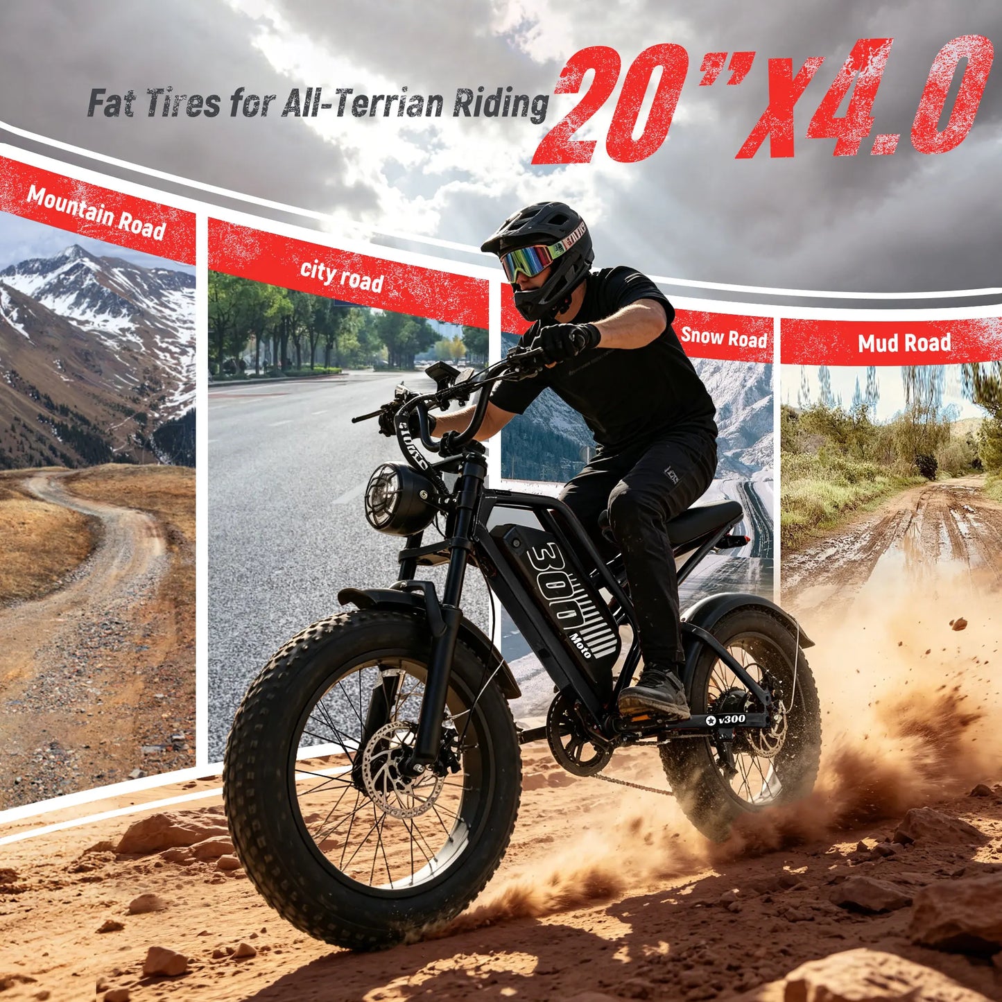 ESKUTE V300 Electric Dirt Bike, 35MPH,52V20.8Ah Battery, 20" x4.0 Fat Tire,1500W, 7-Speed Dual Suspension  Motorcycle, 80 Mil