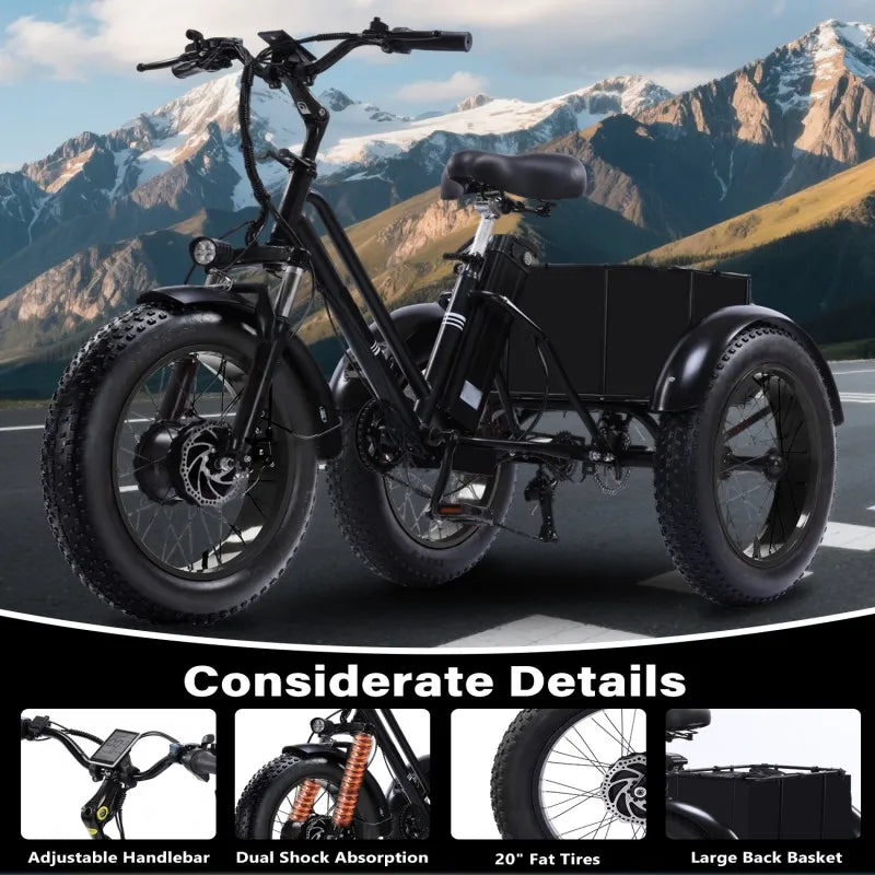 PEAK 1000W Foldable Electric Trike for Adults 50-Mile Range 48V 15AH Removable Battery&7-Speed Gearing 20"X4.1"Fat Tire Tricycle