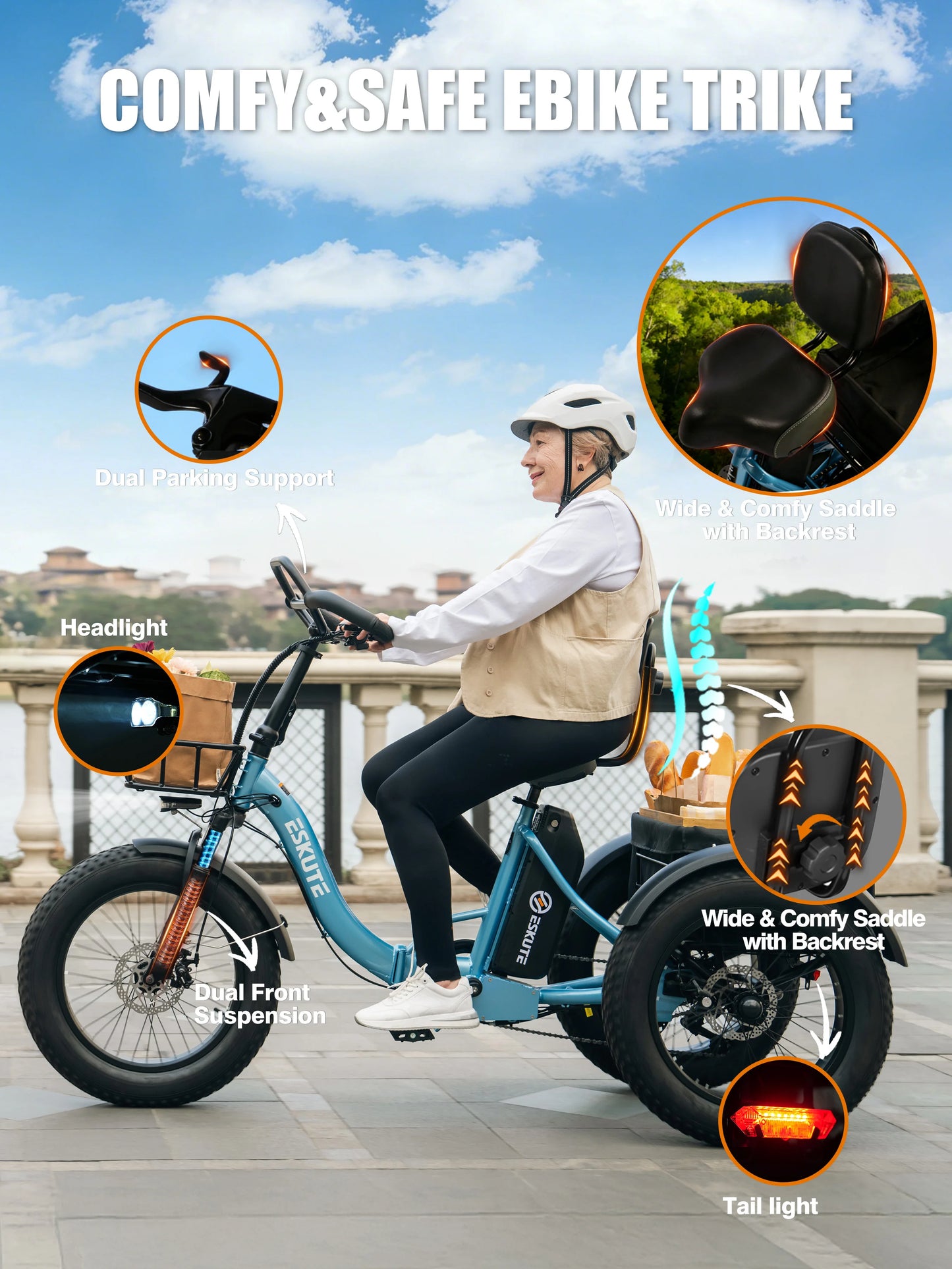 ESKUTE T300 Pro Electric Trike for Adults, 998.4Wh Battery, 1200W Peak Motor, 20"x4.0" Fat Tires, Foldable 3-Wheel E-Bike