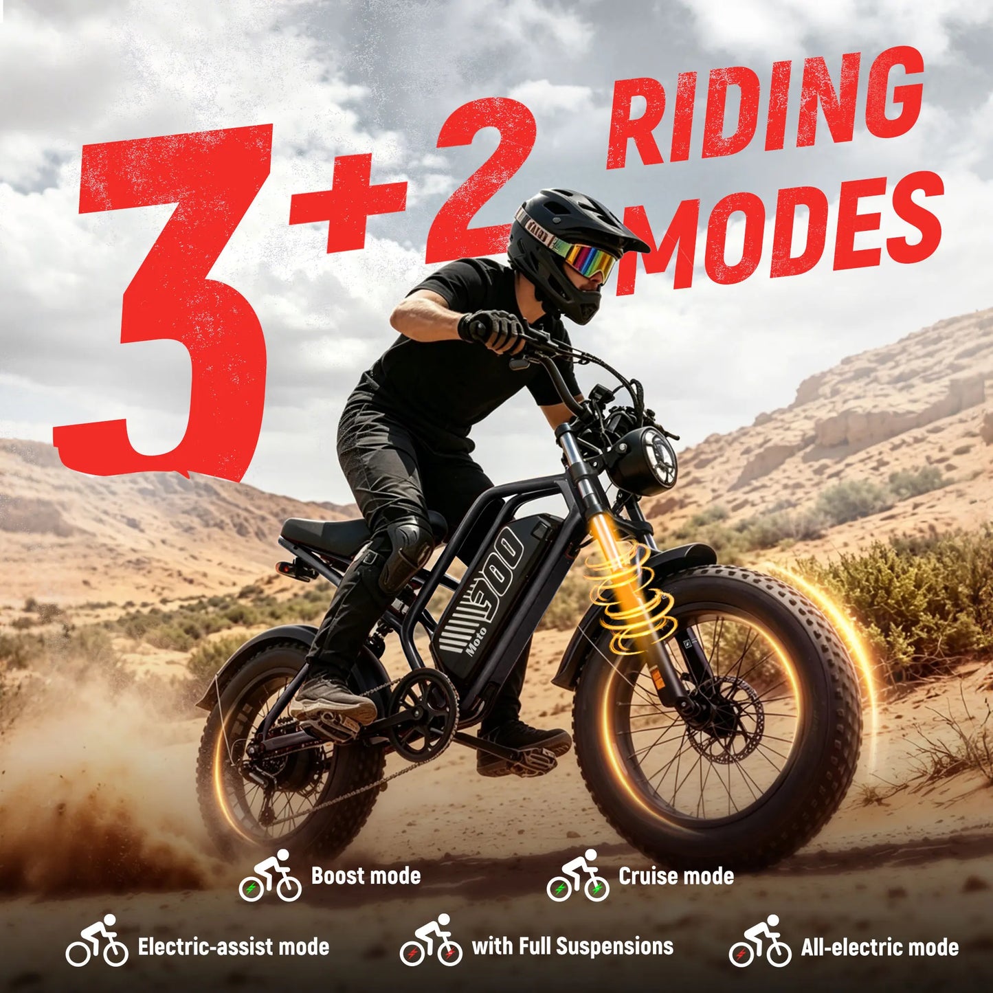 ESKUTE V300 Electric Dirt Bike, 35MPH,52V20.8Ah Battery, 20" x4.0 Fat Tire,1500W, 7-Speed Dual Suspension  Motorcycle, 80 Mil