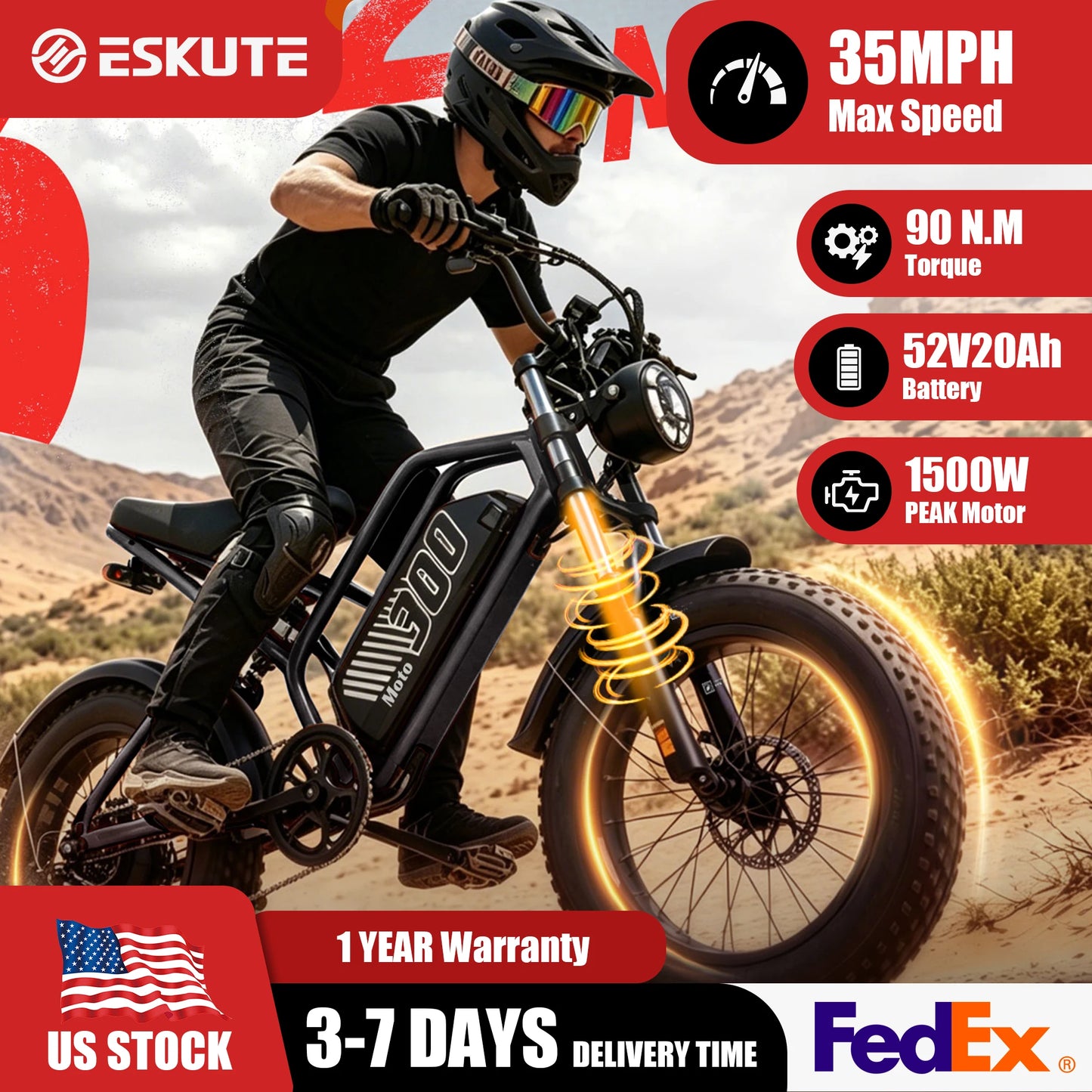 ESKUTE V300 Electric Dirt Bike, 35MPH,52V20.8Ah Battery, 20" x4.0 Fat Tire,1500W, 7-Speed Dual Suspension  Motorcycle, 80 Mil