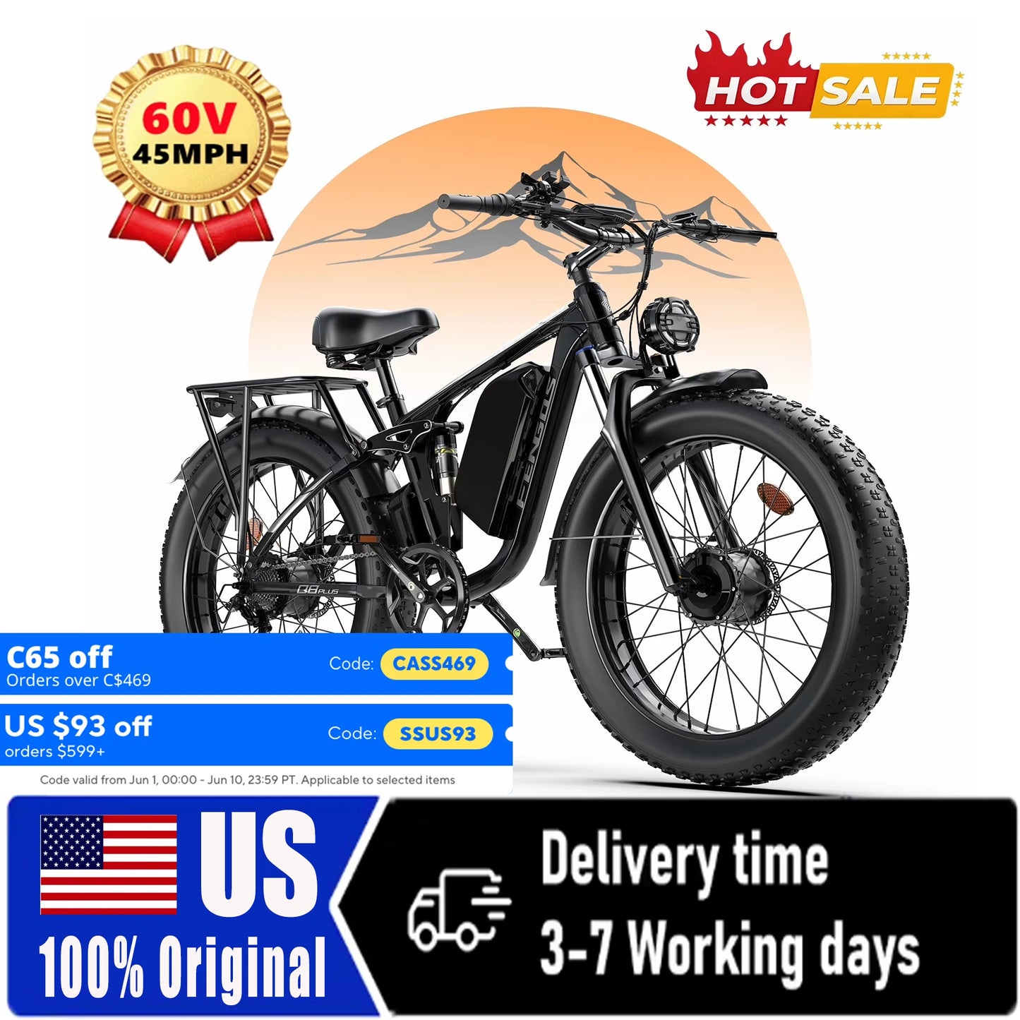 FENGQS Q8PLUS 6000W\5000W dual motor mountain electric vehicle 60V1200WH large battery, 100 kilometer range, hydraulic disc brake with turn signal.Fully shock-absorbing structure